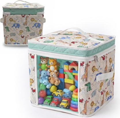 12" Toy Storage Bin, Zipper Cloth Bag-Car Puzzle Quilt Cube