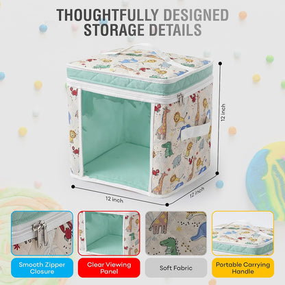 12" Toy Storage Bin, Zipper Cloth Bag-Car Puzzle Quilt Cube