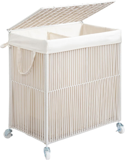 Laundry Basket 3 Section, Handwoven Laundry Hamper with Wheels