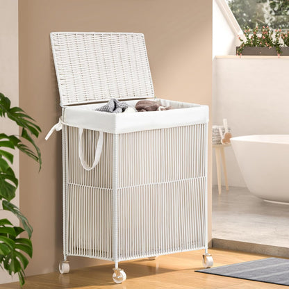Laundry Basket 3 Section, Handwoven Laundry Hamper with Wheels