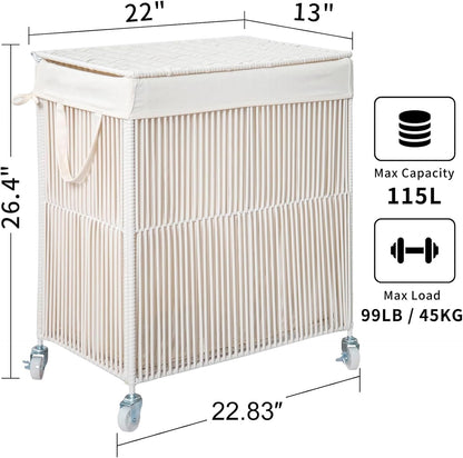 Laundry Basket 3 Section, Handwoven Laundry Hamper with Wheels