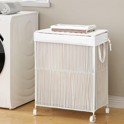 Laundry Basket 3 Section, Handwoven Laundry Hamper with Wheels