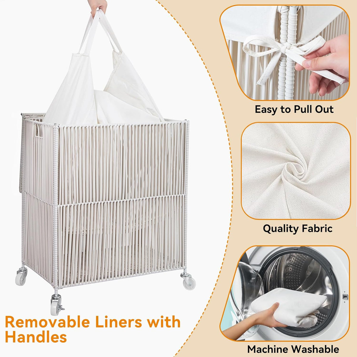 Laundry Basket 3 Section, Handwoven Laundry Hamper with Wheels