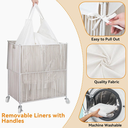 Laundry Basket 3 Section, Handwoven Laundry Hamper with Wheels