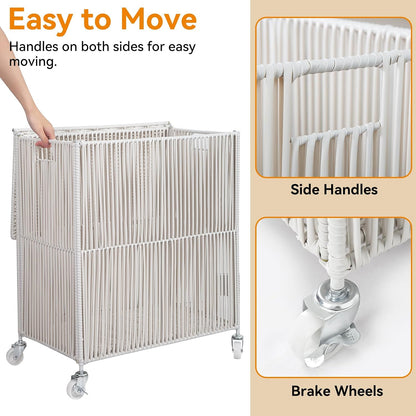 Laundry Basket 3 Section, Handwoven Laundry Hamper with Wheels
