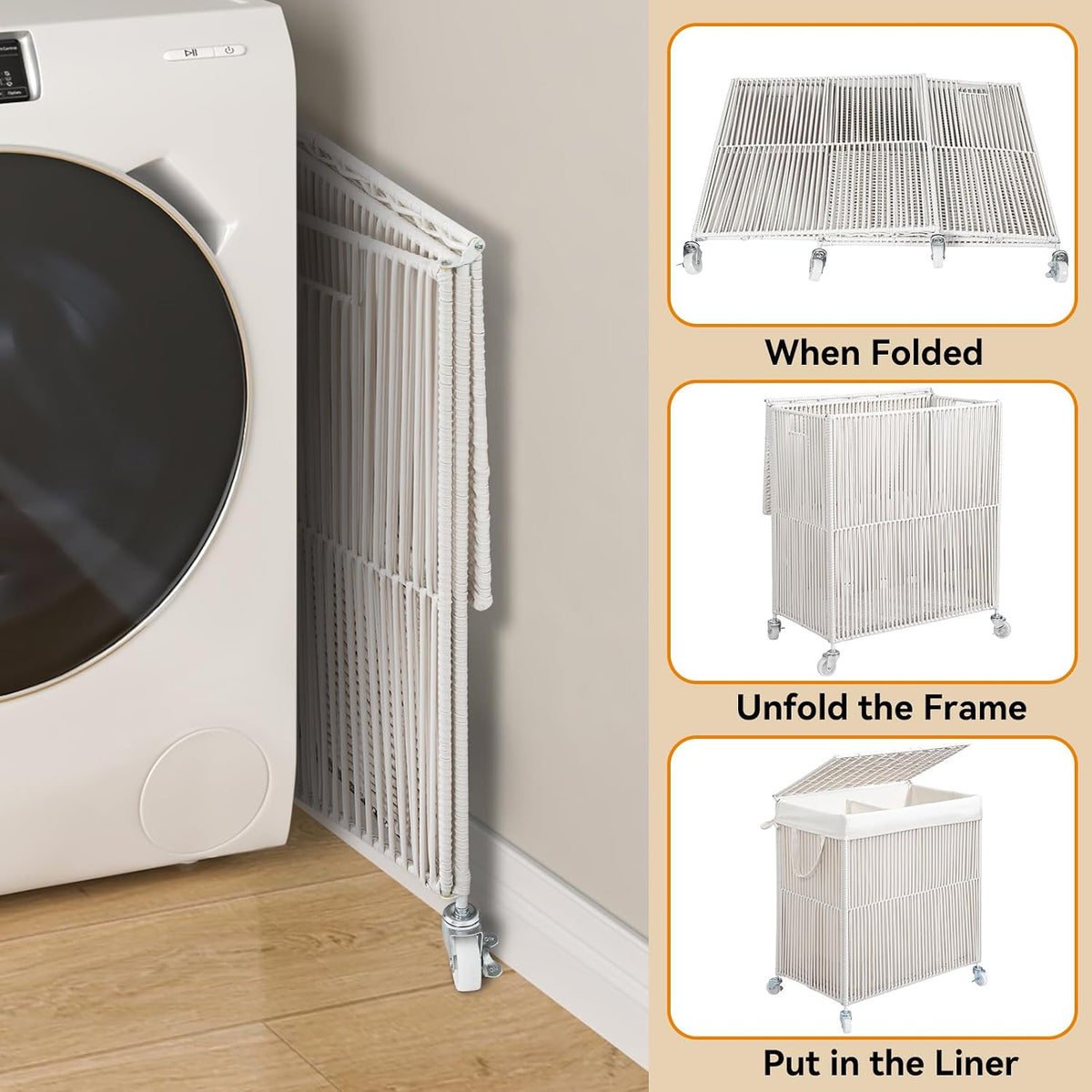 Laundry Basket 3 Section, Handwoven Laundry Hamper with Wheels