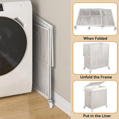 Laundry Basket 3 Section, Handwoven Laundry Hamper with Wheels