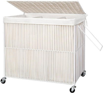 Laundry Basket 3 Section, Handwoven Laundry Hamper with Wheels