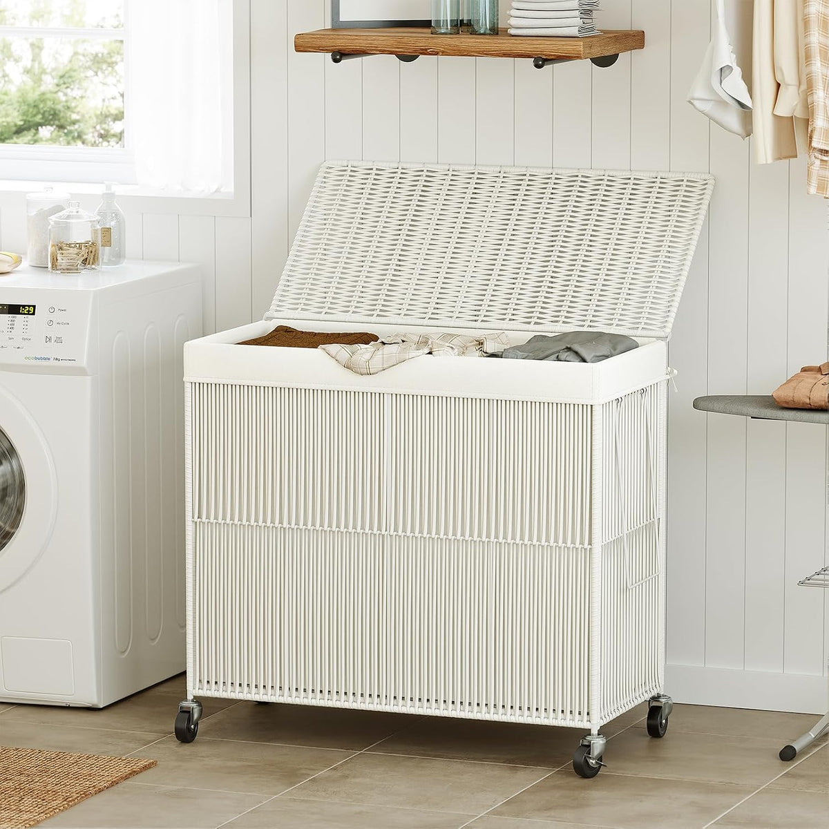 Laundry Basket 3 Section, Handwoven Laundry Hamper with Wheels