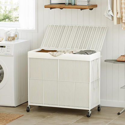 Laundry Basket 3 Section, Handwoven Laundry Hamper with Wheels