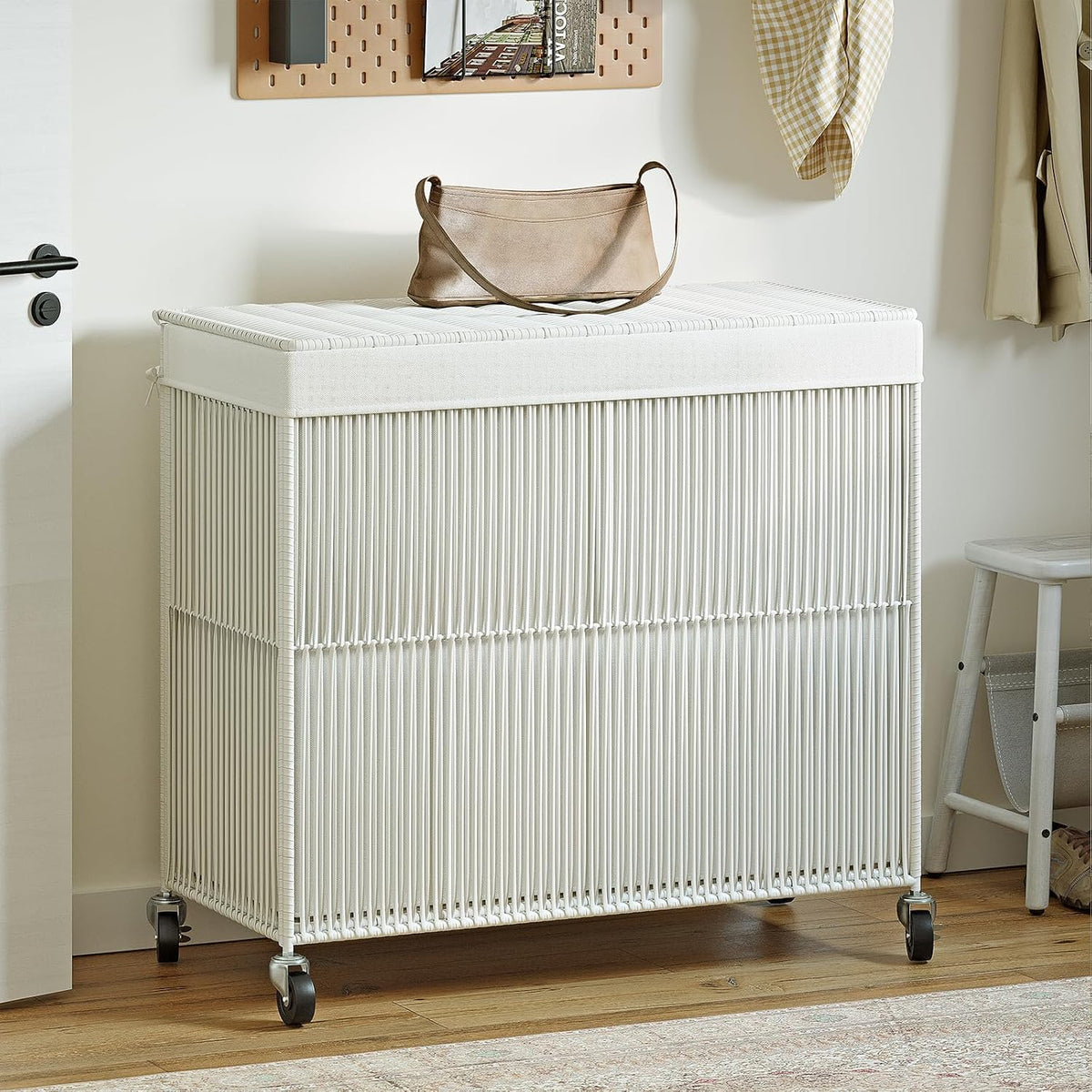 Laundry Basket 3 Section, Handwoven Laundry Hamper with Wheels