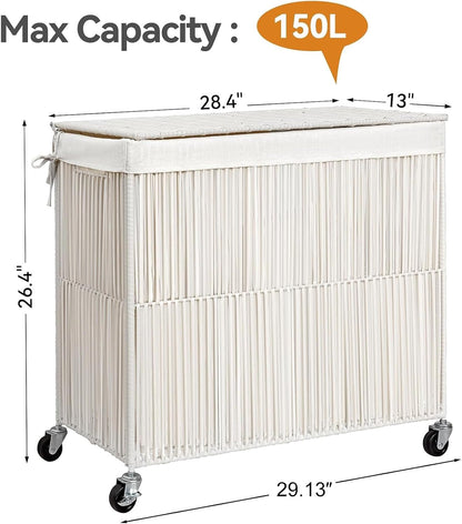 Laundry Basket 3 Section, Handwoven Laundry Hamper with Wheels