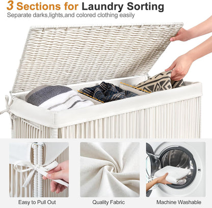Laundry Basket 3 Section, Handwoven Laundry Hamper with Wheels
