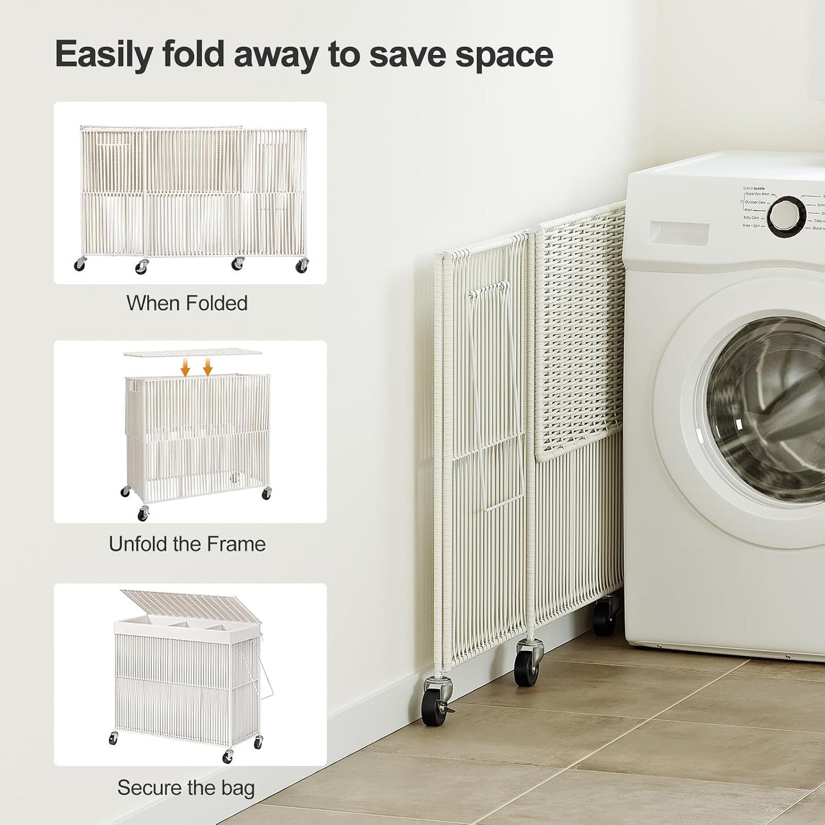 Laundry Basket 3 Section, Handwoven Laundry Hamper with Wheels