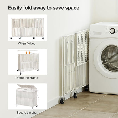 Laundry Basket 3 Section, Handwoven Laundry Hamper with Wheels