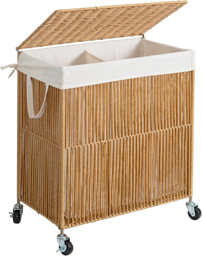Laundry Basket 3 Section, Handwoven Laundry Hamper with Wheels