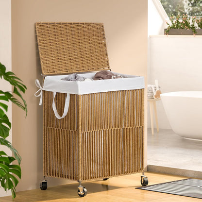 Laundry Basket 3 Section, Handwoven Laundry Hamper with Wheels