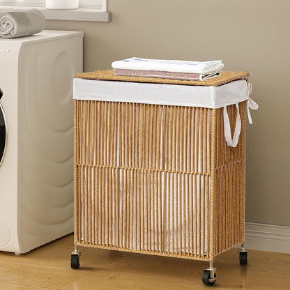 Laundry Basket 3 Section, Handwoven Laundry Hamper with Wheels