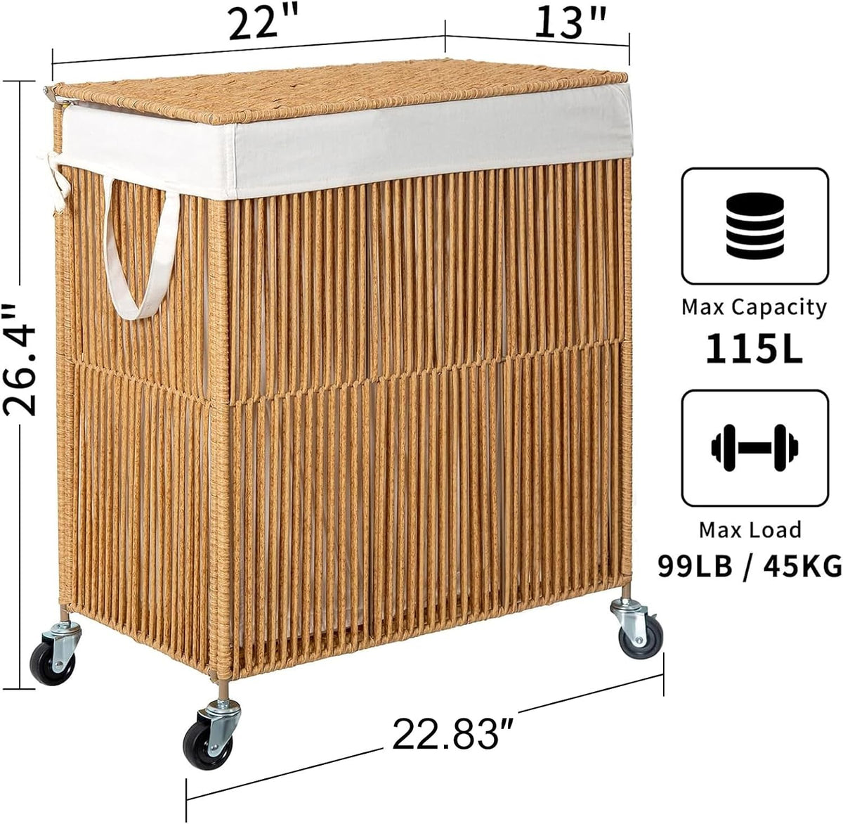 Laundry Basket 3 Section, Handwoven Laundry Hamper with Wheels