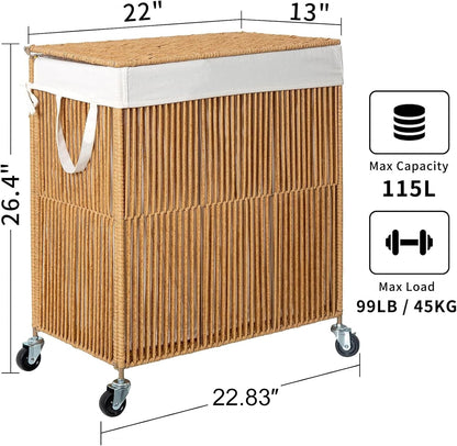 Laundry Basket 3 Section, Handwoven Laundry Hamper with Wheels