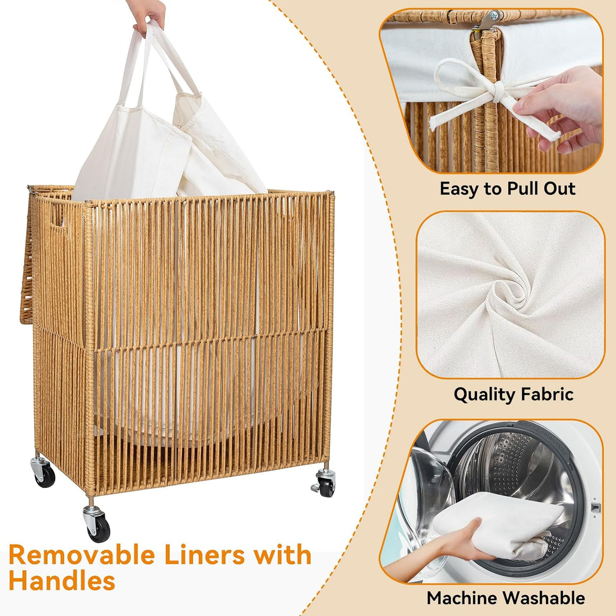 Laundry Basket 3 Section, Handwoven Laundry Hamper with Wheels