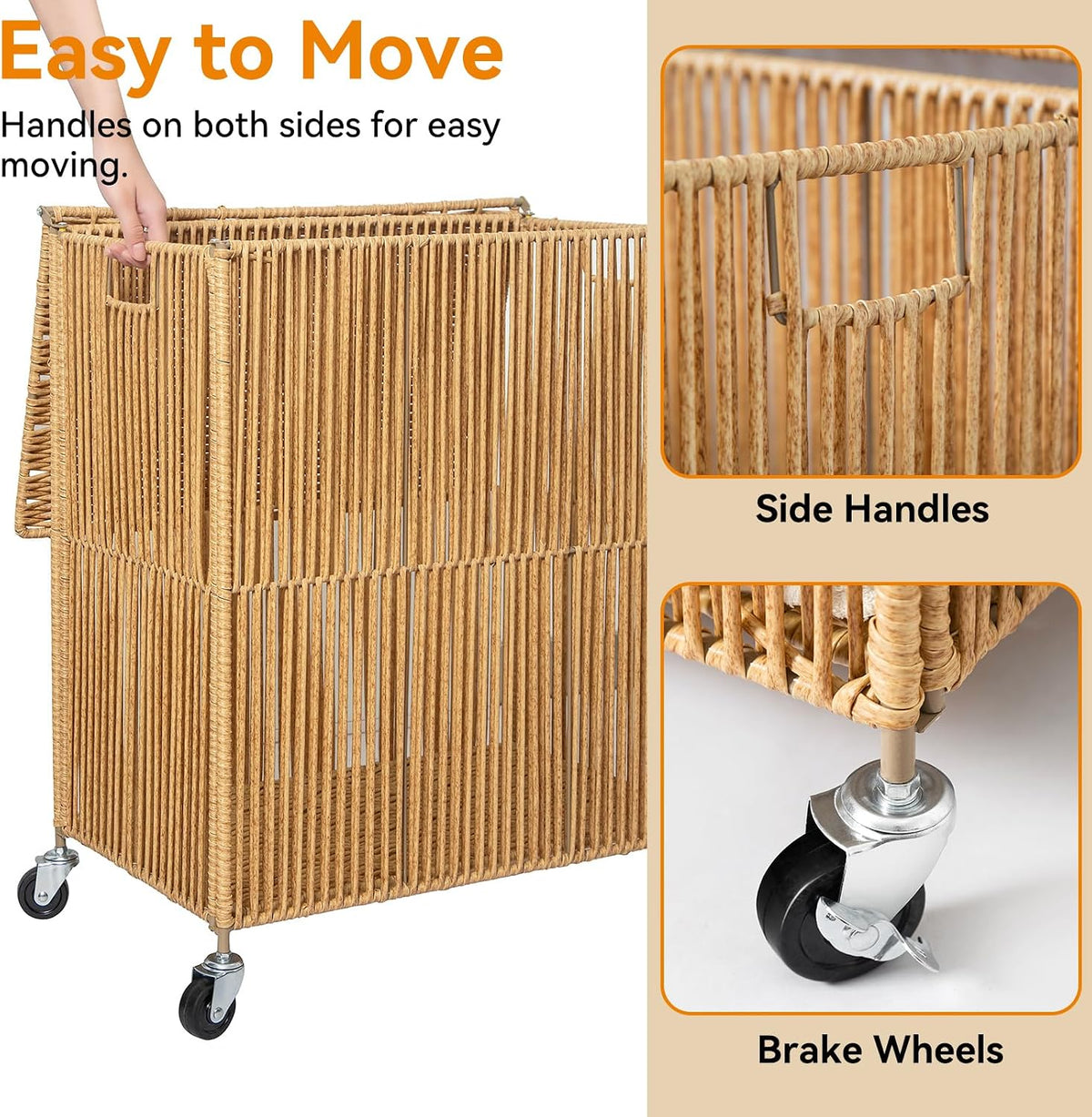 Laundry Basket 3 Section, Handwoven Laundry Hamper with Wheels