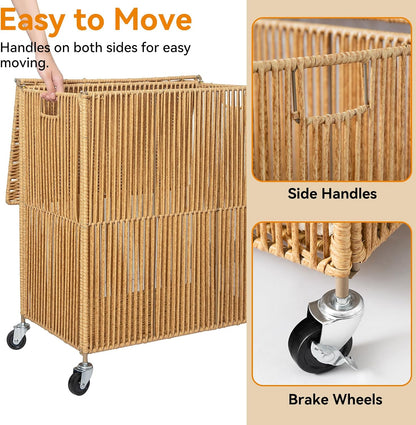 Laundry Basket 3 Section, Handwoven Laundry Hamper with Wheels