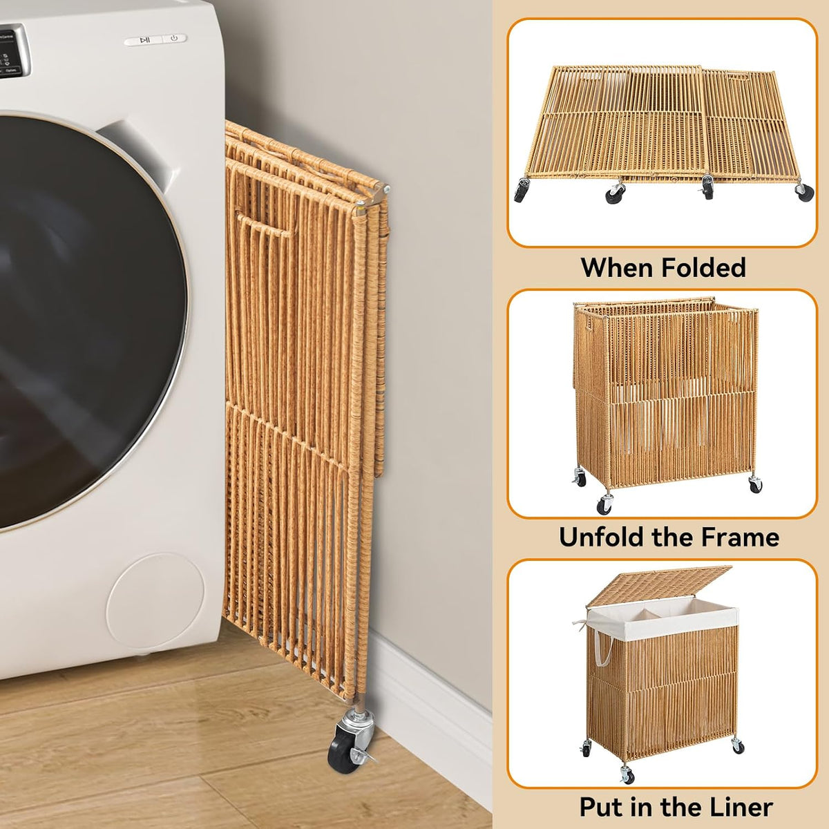 Laundry Basket 3 Section, Handwoven Laundry Hamper with Wheels
