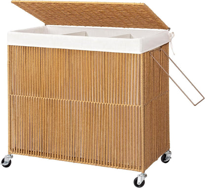 Laundry Basket 3 Section, Handwoven Laundry Hamper with Wheels