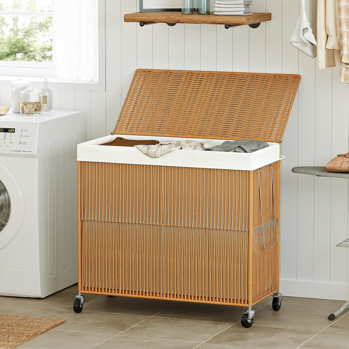 Laundry Basket 3 Section, Handwoven Laundry Hamper with Wheels