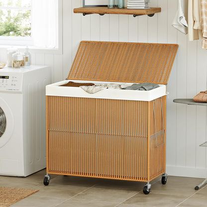 Laundry Basket 3 Section, Handwoven Laundry Hamper with Wheels