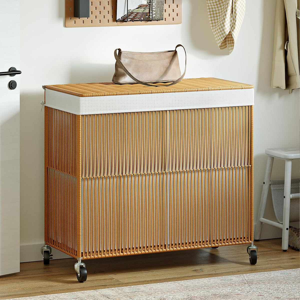 Laundry Basket 3 Section, Handwoven Laundry Hamper with Wheels