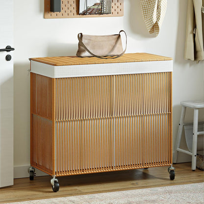 Laundry Basket 3 Section, Handwoven Laundry Hamper with Wheels