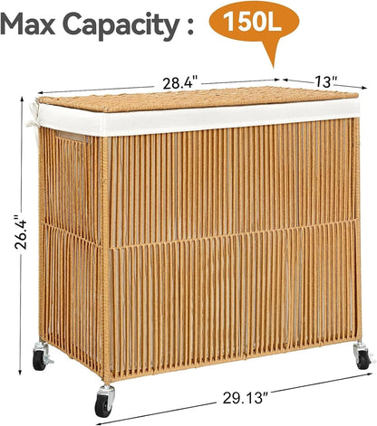 Laundry Basket 3 Section, Handwoven Laundry Hamper with Wheels