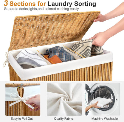 Laundry Basket 3 Section, Handwoven Laundry Hamper with Wheels