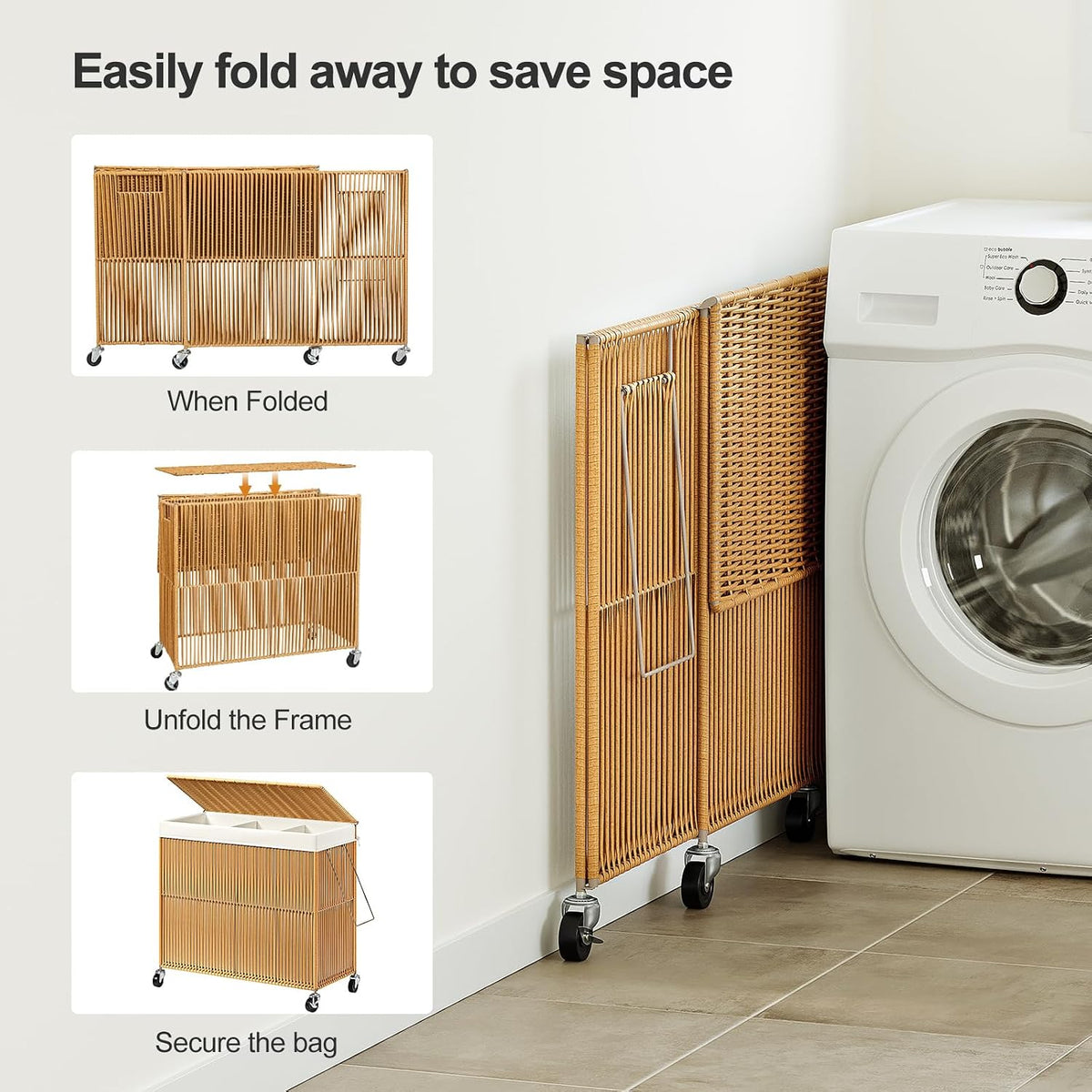 Laundry Basket 3 Section, Handwoven Laundry Hamper with Wheels