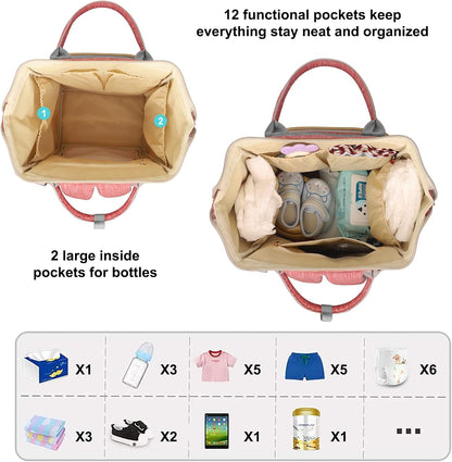 Diaper Bag Backpack Multi-Function Baby Bag With Large Capacity and Insulated Pockets Diaper Backpack Organizer Bag for Mom/Dad, Pink+Gray