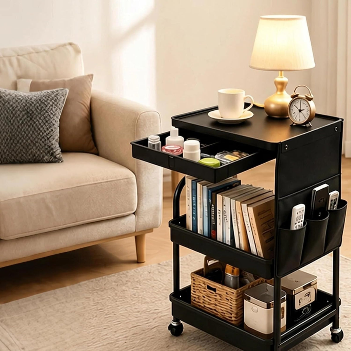 3-Tier Rolling Storage Cart with Pull-Out Drawer & Side Organizer