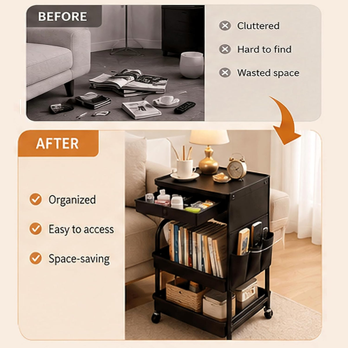 3-Tier Rolling Storage Cart with Pull-Out Drawer & Side Organizer