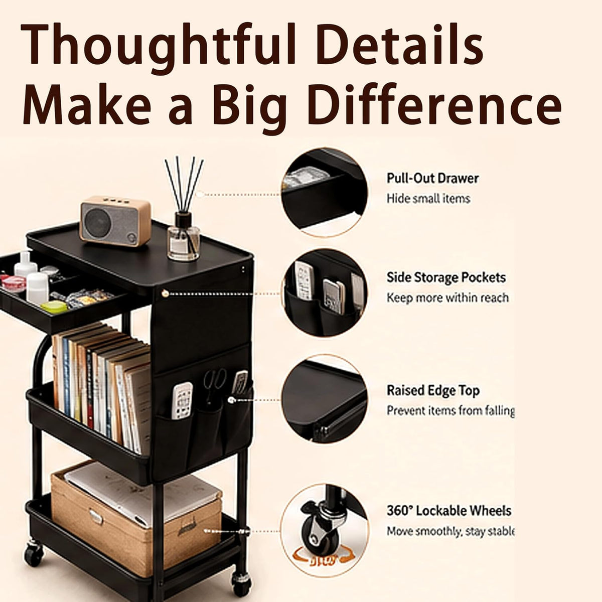 3-Tier Rolling Storage Cart with Pull-Out Drawer & Side Organizer