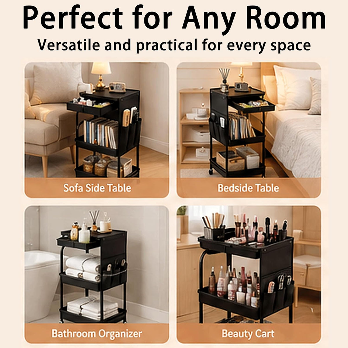 3-Tier Rolling Storage Cart with Pull-Out Drawer & Side Organizer