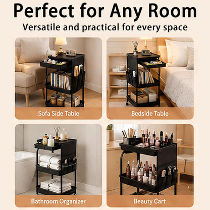 3-Tier Rolling Storage Cart with Pull-Out Drawer & Side Organizer