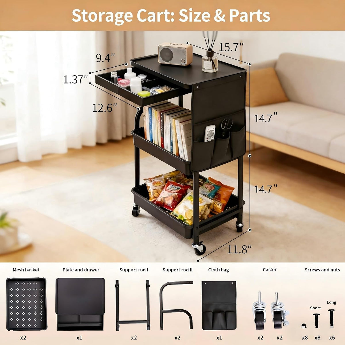 3-Tier Rolling Storage Cart with Pull-Out Drawer & Side Organizer