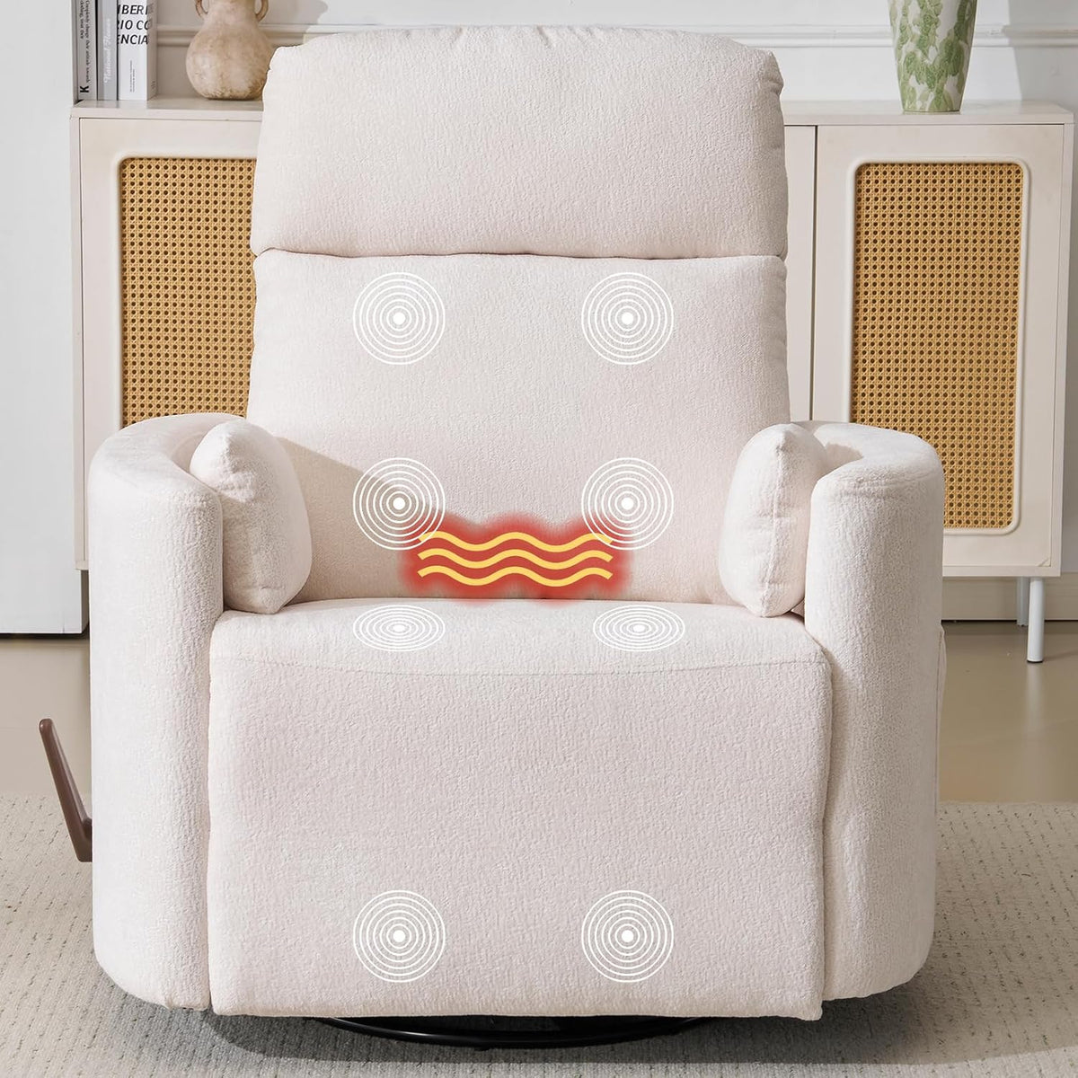 Oversized Swivel Rocker Recliner with Massage and Heat, Swivel Nursery Recliner With Adjustable Headrest, Manual Rocker Recliner Chair with Two Removable Pillows, High Back Barrel Armchair,White
