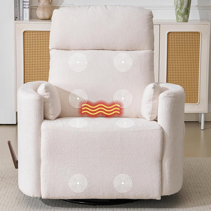 Oversized Swivel Rocker Recliner with Massage and Heat, Swivel Nursery Recliner With Adjustable Headrest, Manual Rocker Recliner Chair with Two Removable Pillows, High Back Barrel Armchair,White
