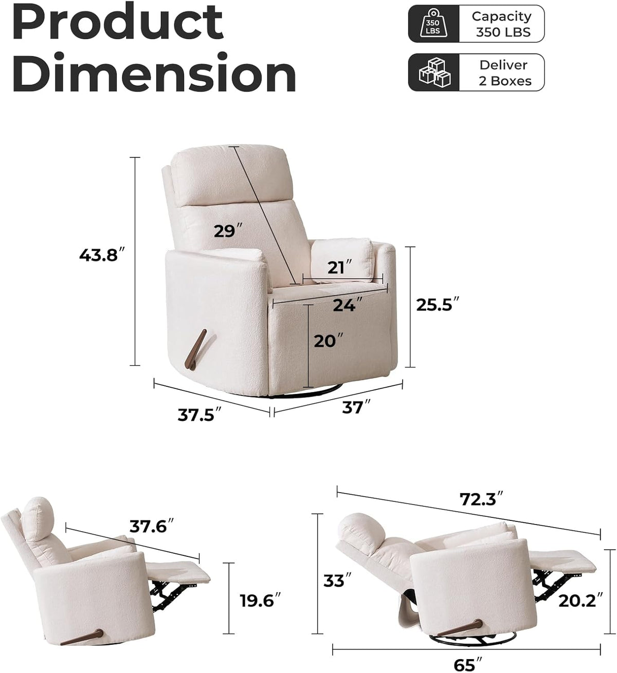 Oversized Swivel Rocker Recliner with Massage and Heat, Swivel Nursery Recliner With Adjustable Headrest, Manual Rocker Recliner Chair with Two Removable Pillows, High Back Barrel Armchair,White