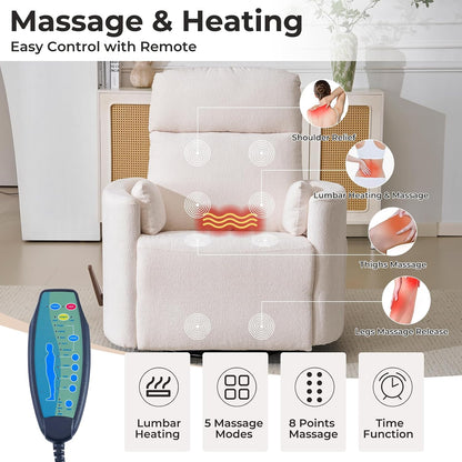 Oversized Swivel Rocker Recliner with Massage and Heat, Swivel Nursery Recliner With Adjustable Headrest, Manual Rocker Recliner Chair with Two Removable Pillows, High Back Barrel Armchair,White