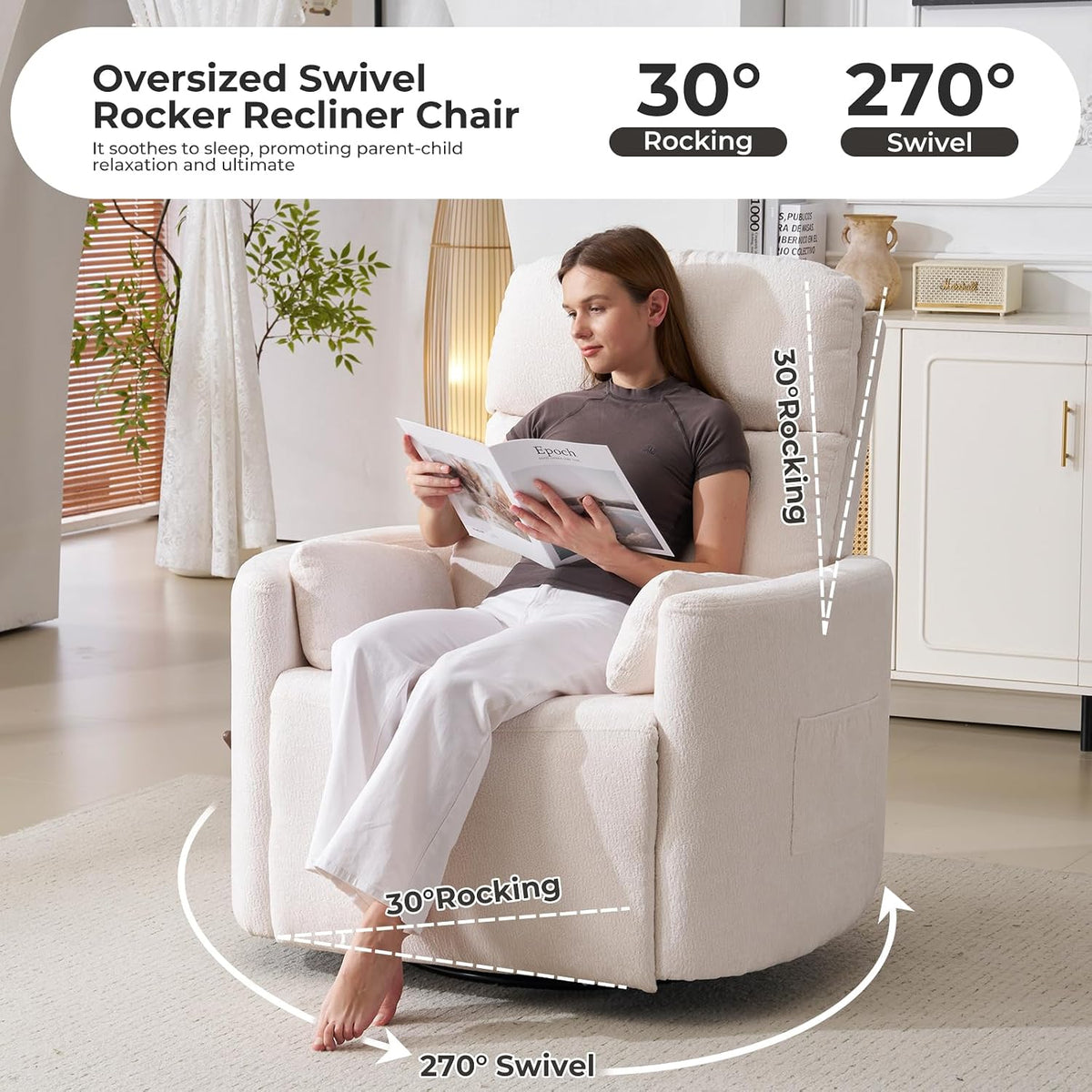 Oversized Swivel Rocker Recliner with Massage and Heat, Swivel Nursery Recliner With Adjustable Headrest, Manual Rocker Recliner Chair with Two Removable Pillows, High Back Barrel Armchair,White
