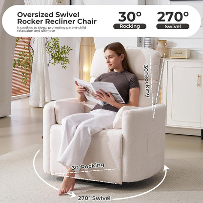 Oversized Swivel Rocker Recliner with Massage and Heat, Swivel Nursery Recliner With Adjustable Headrest, Manual Rocker Recliner Chair with Two Removable Pillows, High Back Barrel Armchair,White