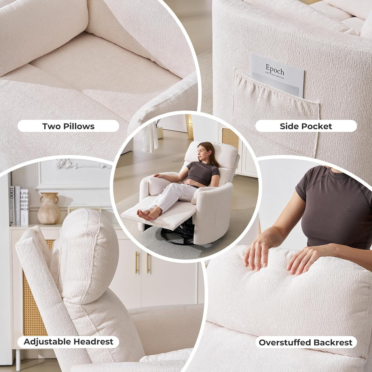 Oversized Swivel Rocker Recliner with Massage and Heat, Swivel Nursery Recliner With Adjustable Headrest, Manual Rocker Recliner Chair with Two Removable Pillows, High Back Barrel Armchair,White